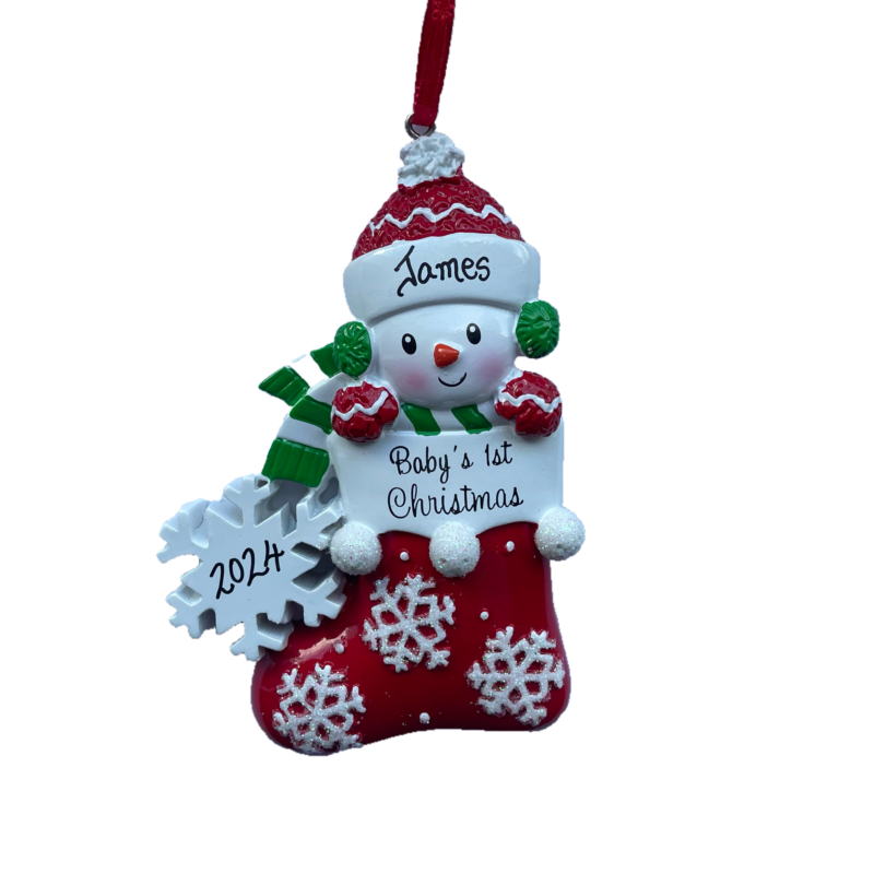 Red Snowman In Stocking 1st Christmas