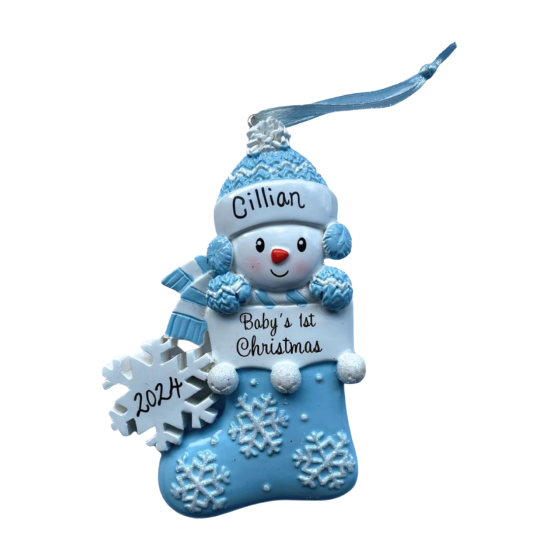 Baby Boy Snowman in Stocking 1st Christmas