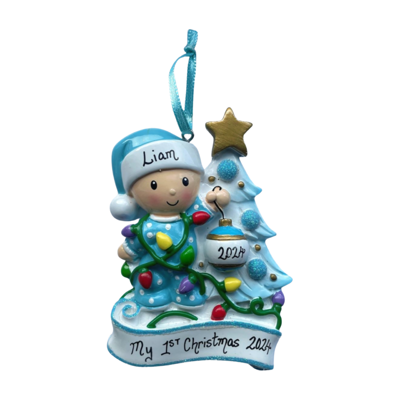 Baby Boy Decorating a Tree